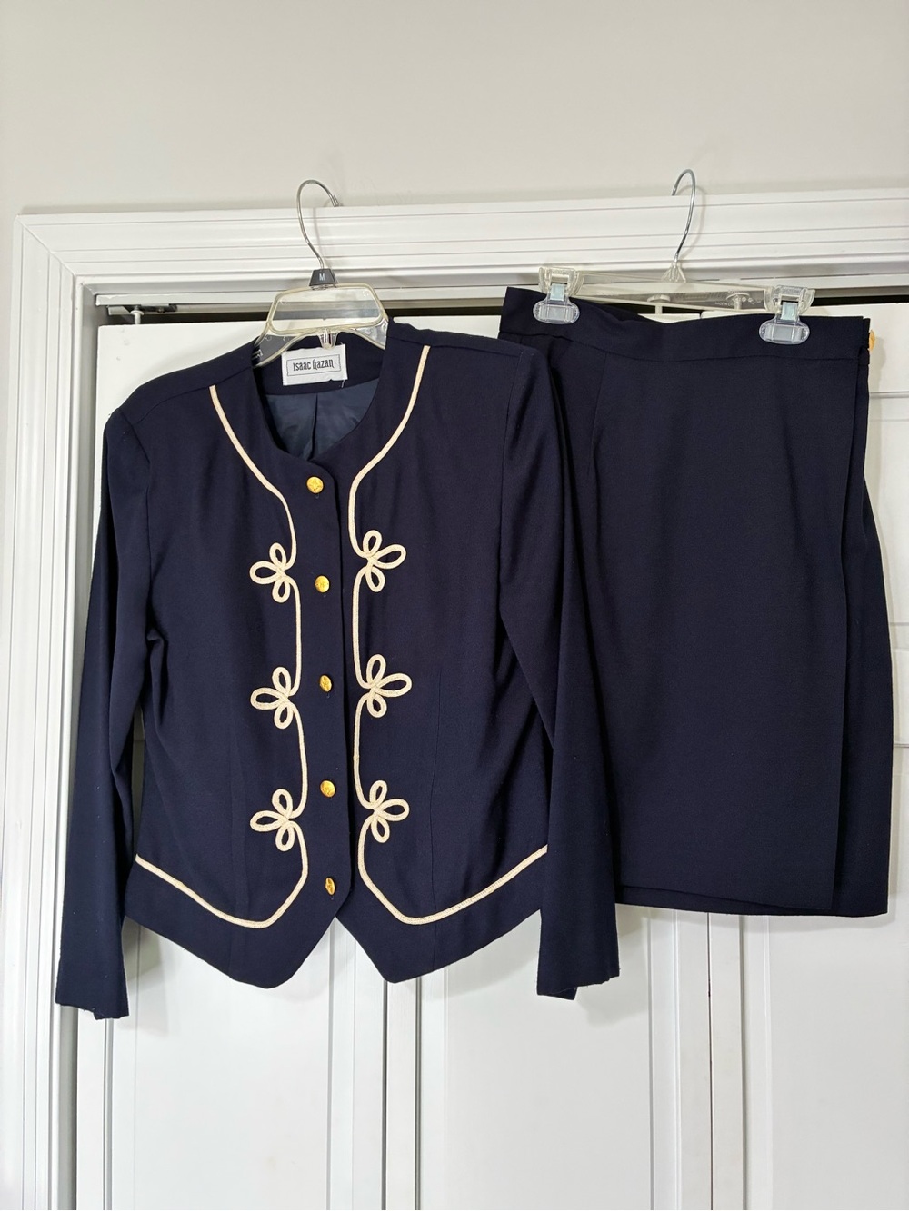 Isaac Hazan Navy suit Jacket & skirt with Cream Piping and Gold Buttons